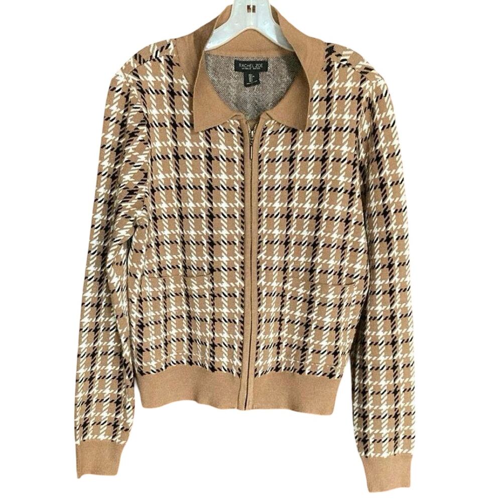 Rachel Zoe Tan Brown White Black Plaid Zip Up Collared Cardigan Sweater size L